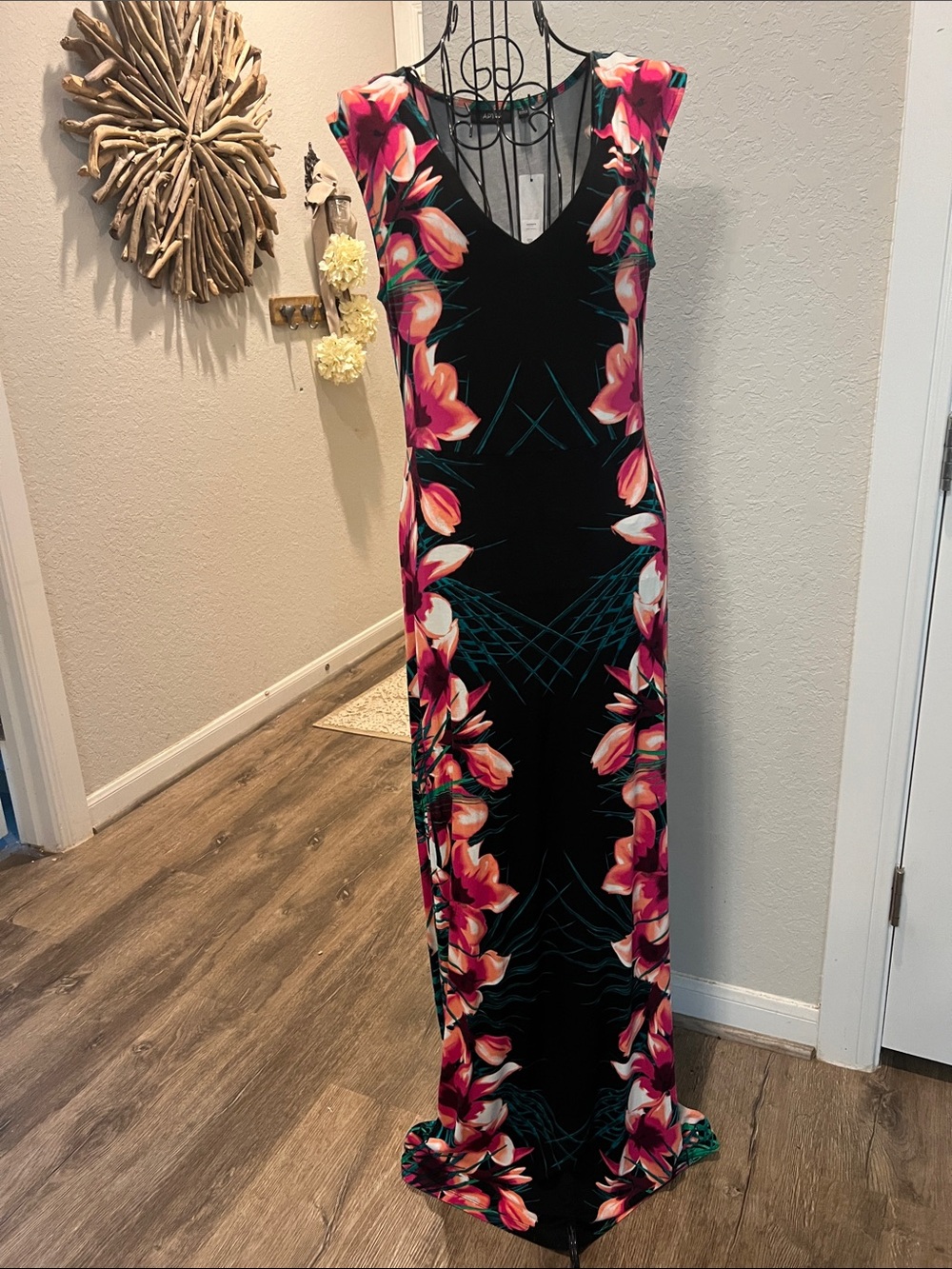 Apt 9 Black Floral Maxi Dress with Pink & Green Accents NWT